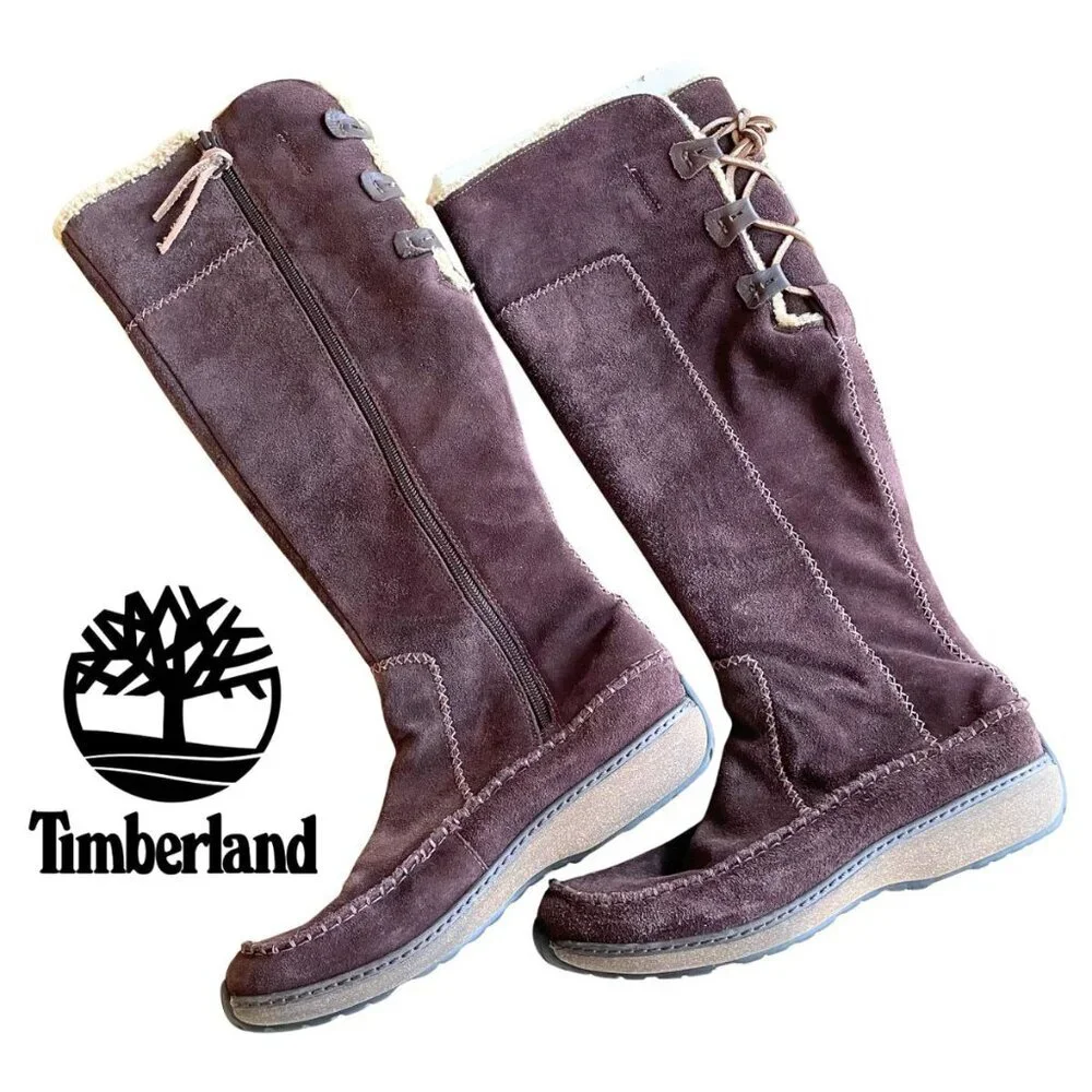 Timberland Womens Fauna Tall Boot Brown Leather Suede Moccasin Lace Up Shearling